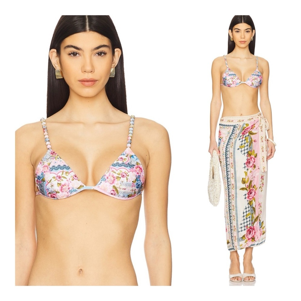 Agua Bendita Belle Pink, Blue, White Floral Beaded Strap Bikini Top NWT